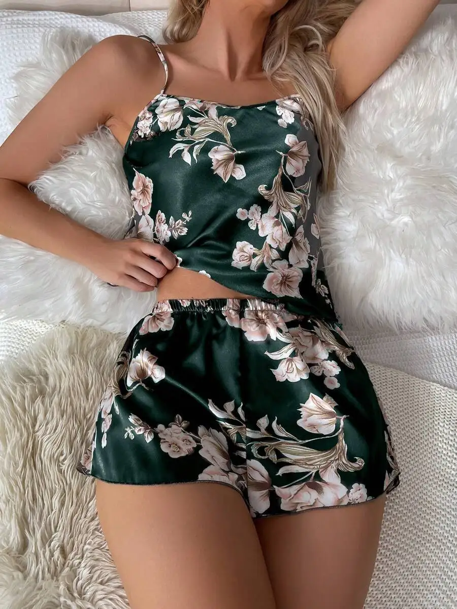 

Floral Print Satin Pajama Set For Women