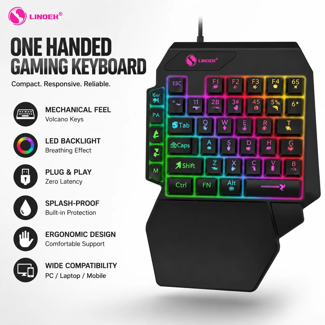 RGB Backlight Single Hand Gaming Wired Keyboard Ultra-Slim One Handedly USB Gamer E-Sports Mini Keyboard For PC Computer Laptop