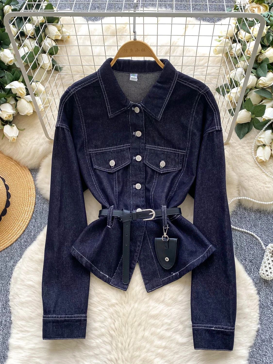 Csa de Mezclilla de Manga Larga con Cinturón y Cuello, Diseño E y Juvenil, Estilo Coreano, Hoada, para Mujer, Oto...