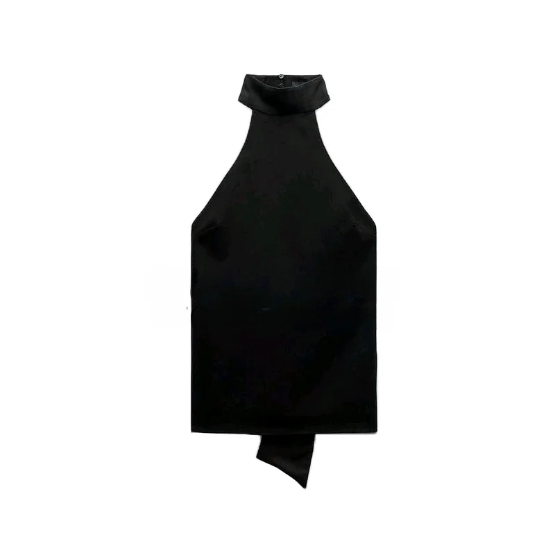 春の新作スタイル、肩出し襟、スタンドアップ、ノースリーブベスト、バックル装飾、ネックハンギングデザイン、レディーストップス