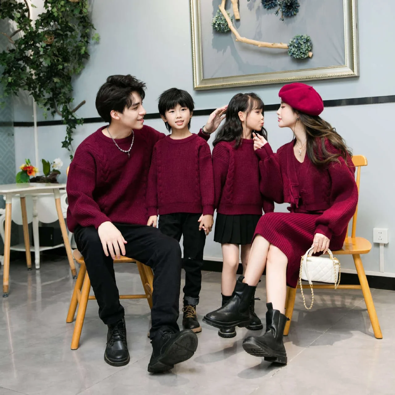 New Year Family Matching Knit Clothing Dad and Daughter Son Red Knitted Sweater Mom Baby Clothes Women Knitted Dress Cardigan