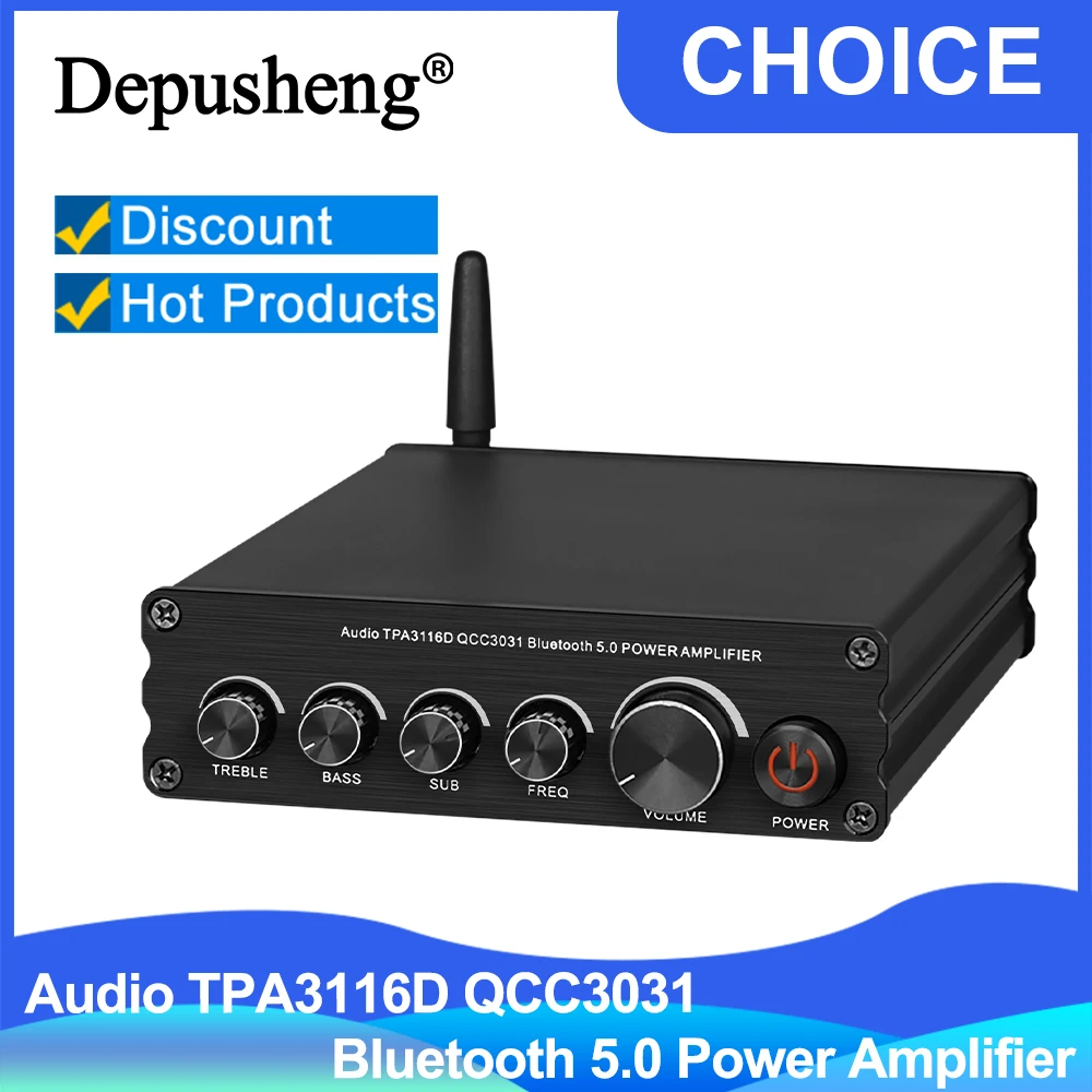 Depusheng Pro TPA3116 Hi-Fi Bluetooth Sound Power Amplifier 2.1 Channel Bass & Treble Control Amp Audio Subwoofer 100W + 50W x2