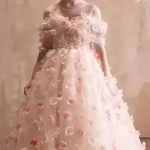 Girls' Pink Floral Dress Flower Girl Dress Girls' Exquisite Princess Gown Floor-Length Party Dress