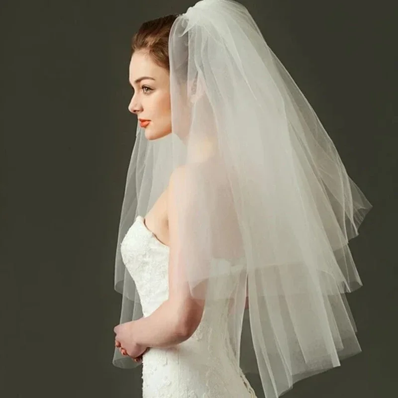 Voile de mariage court en tulle blanc pour patients, fard à joues, peigne, accessoires pour cheveux de mariée, femmes et filles, 2 niveaux