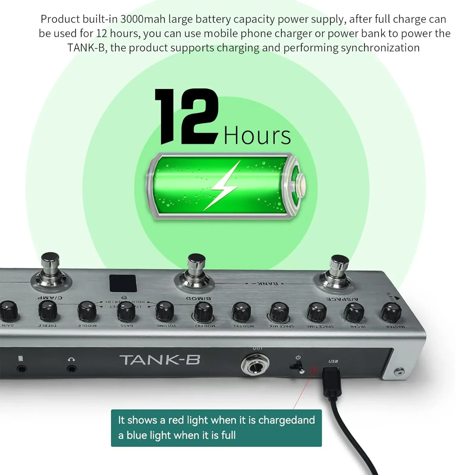 M-Vave Tank-B- 36 Preestableces de graves instantáneos recargables, 8 cabinas Ir, Mod/delay/reverberación Conmutación de tono con un solo clic para conciertos vivos