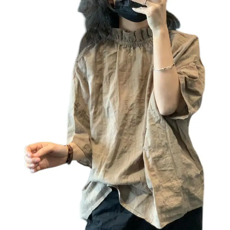 Été nouveau polyvalent coton et lin chemise femmes Style chinois déplacements littérature manches ample blouse décontractée haut pour femme