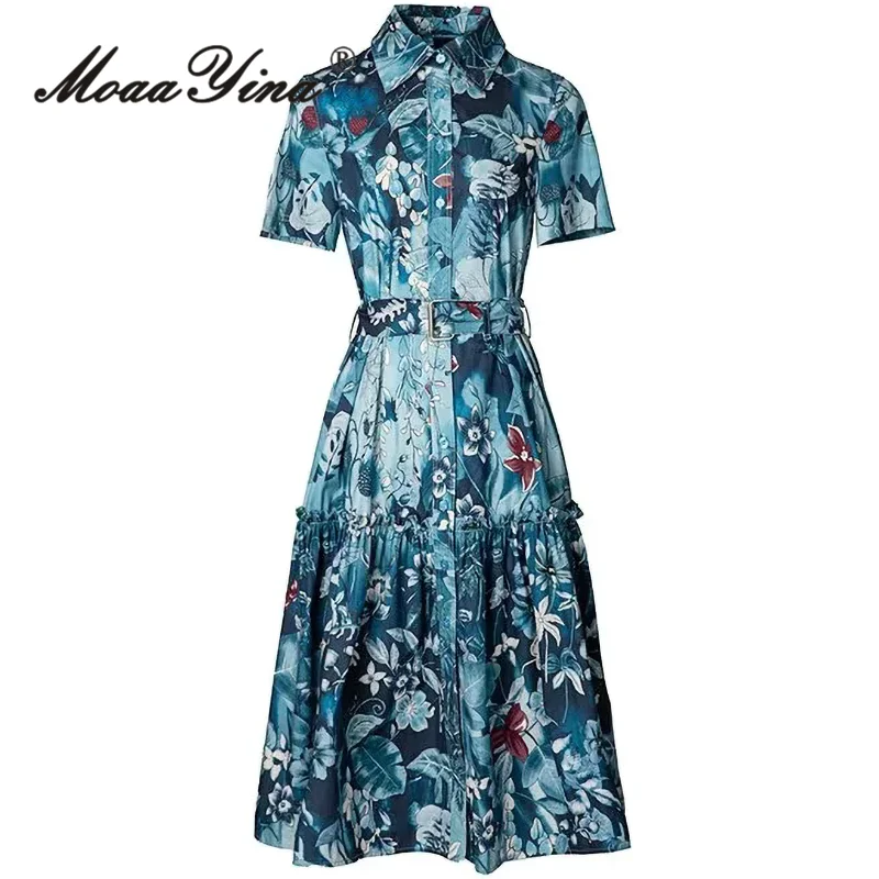 

MoaaYina Summer High Quality New Arrivals Women Dress Bohemian Floral Print High Quality Cotton Sashes Temperament Dresses