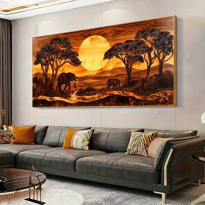 Large Frameless Canvas Wall Art,Sunset Elephants Poster and Prints African Grasslands Wild Animals Canvas Painting Wall Art Pict