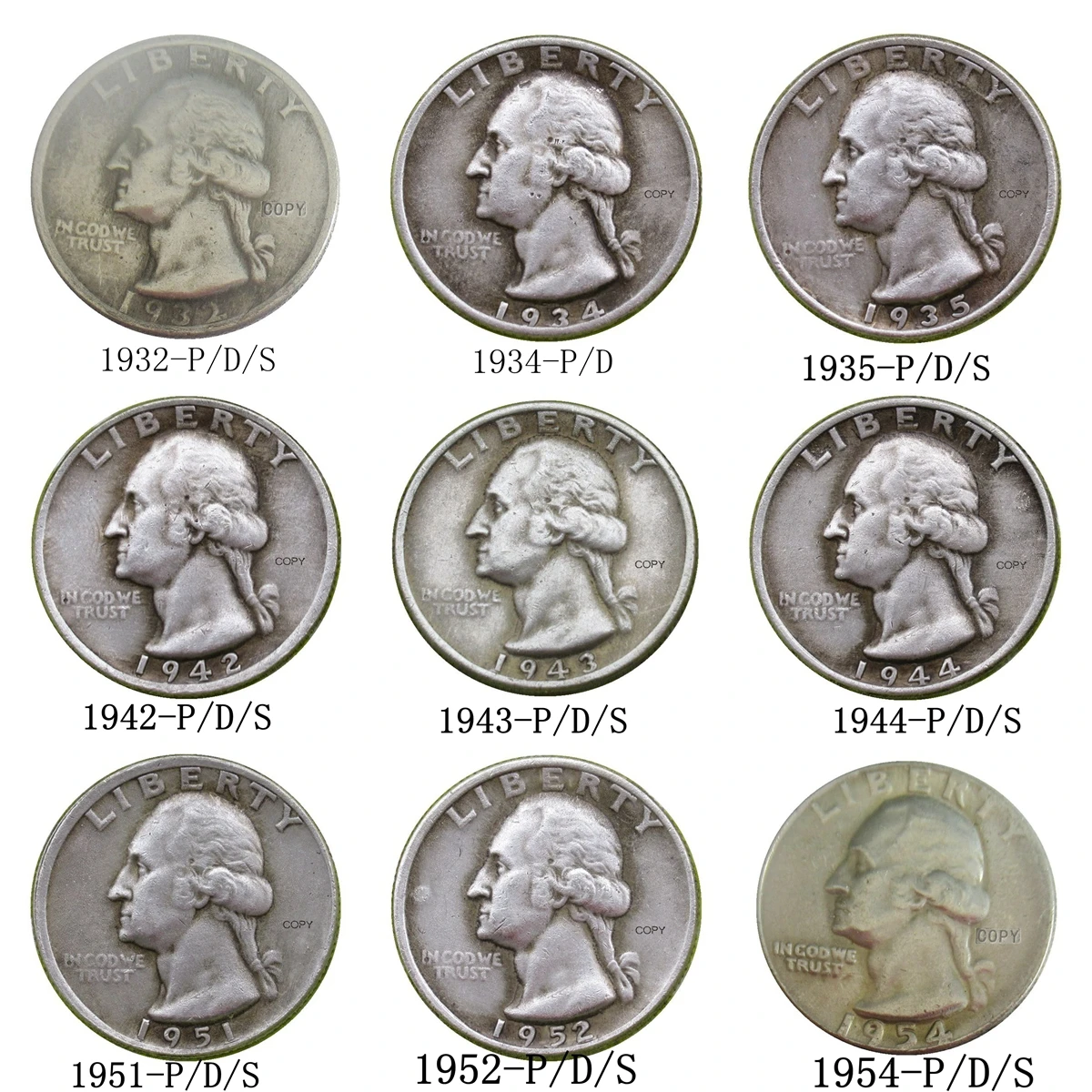 الولايات المتحدة 1932-1964 مزيج المساعد الشخصي الرقمي 63 قطعة عملة نسخة ربع واشنطن مطلية بالفضة #4