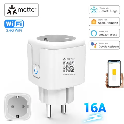 16A Matter WiFi 스마트 플러그 EU 스마트 소켓 전원 콘센트 APP 음성 제어는 Apple Homekit Google Home Smartthings Alexa와 함께 작동합니다.