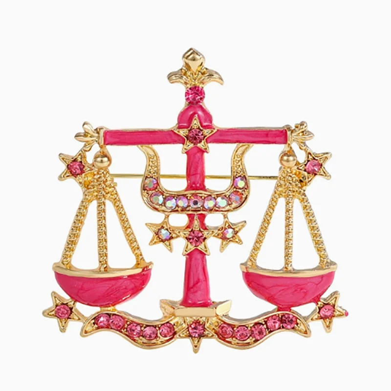 

Fashion Jewelry Brooch Pink Rhinestone Enamel Alloy Scales of Justice Pin Libra Badge