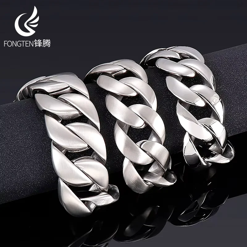 Fongten 31mm Width Brushed Shiny Bracelets For Men Silver Color Stainless Steel Chunky Cuban Chain Male Bracelet Jewelry