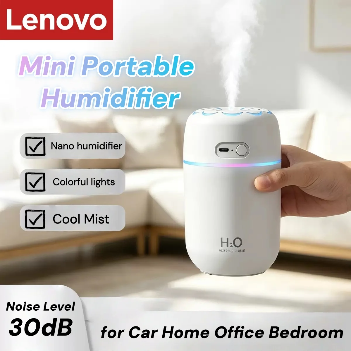 

Lenovo Mini Portable Humidifier USB Car Air Humidifier Quiet Electric Small Desktop Cool Mist Humidifier for Home Office Bedroom