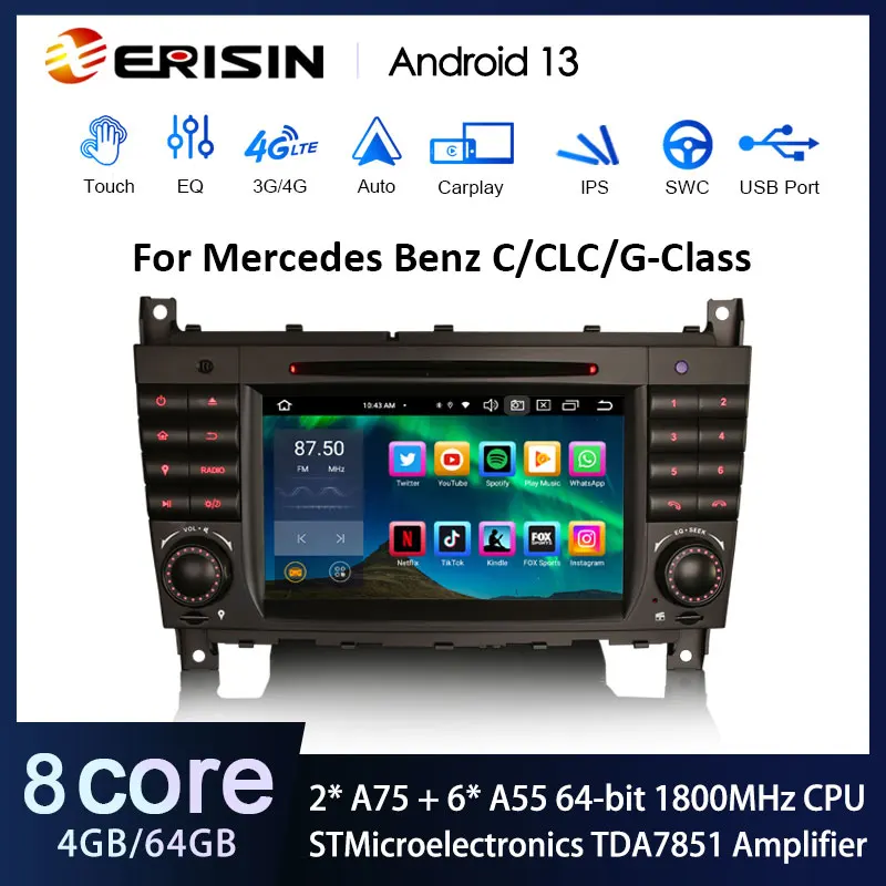 Erisin ES8569C Android 13 Car DVD Stereo For Benz CLC C-Class W203 G-Class W463 Wireless CarPlay Auto DSP 4G LTE BT5 Multimedia