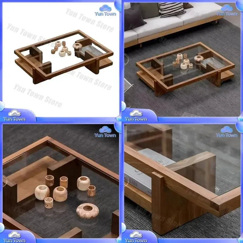 Chinese Vintage Coffee Table Glass Minimalist Rustic Living Room Coffee Table for Modern Home Decor Furniture for Small Space