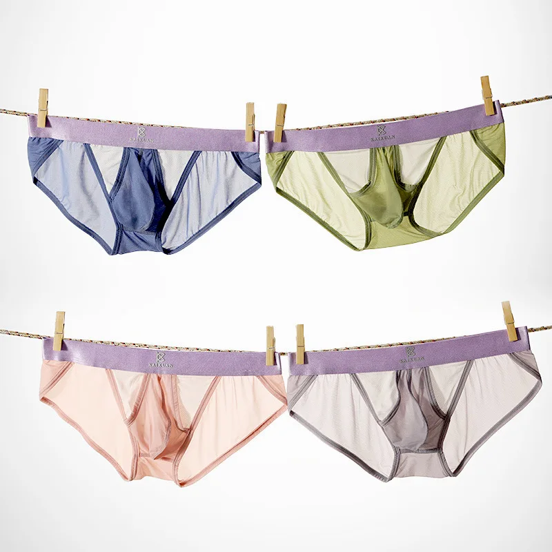 

Бесшовные трусы из ледяного шелка, мужские охлаждающие трусики, летние ультратонкие трусы с выпуклым мешочком, нижнее белье, мужские трусики с низкой посадкой
