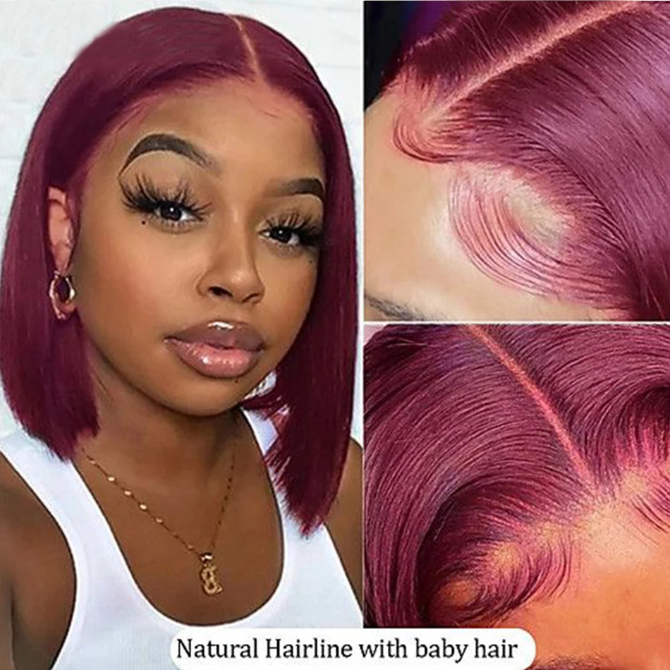 Burgundy Bob Lace Frontal Wig 1B 99J Ombre Lace Front Wigs For Women Short Bob Lace Closure Wig 180% Human Hair T Part Wigs