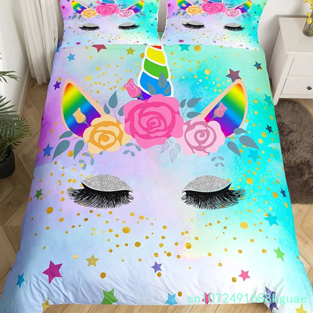 Magical Unicorn Duvet Cover Silver Eyelash Bedding Set Queen Cute Dreamy Horse Comforter Cover Microfiber Flowers Stars Bed Set