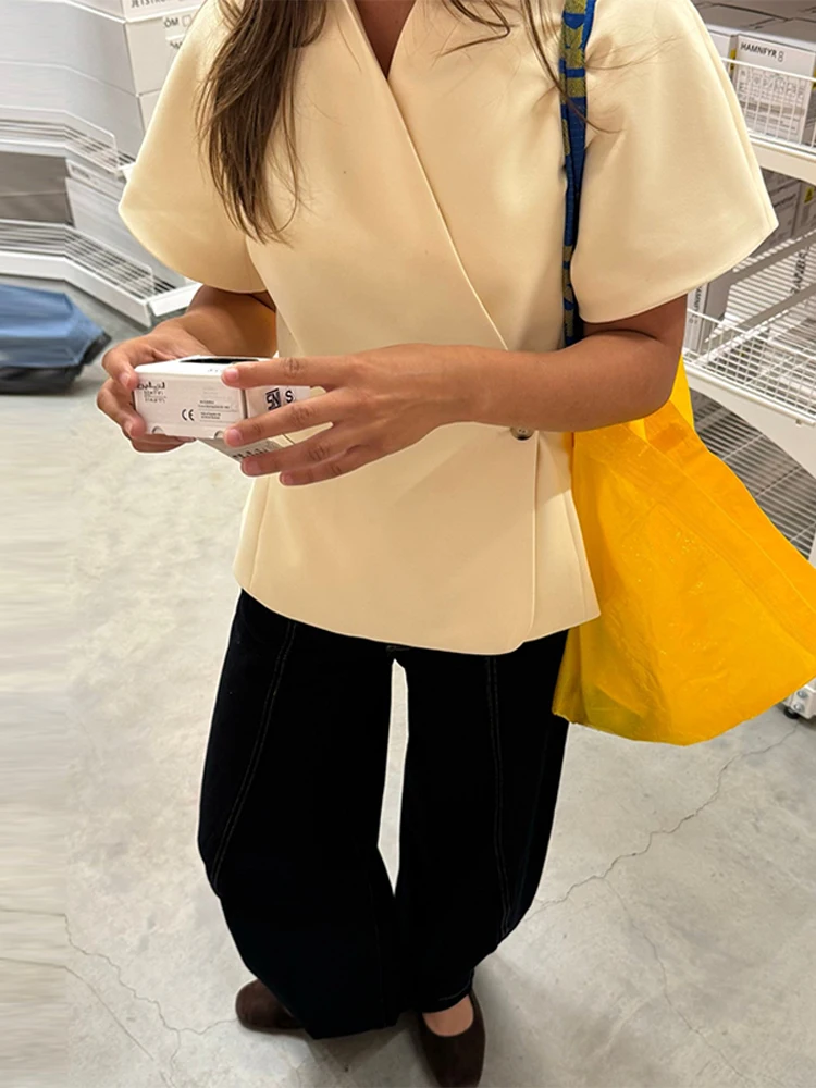 Elegante Blazer de Manga Corta para Mujer, con un Botón, Cuello en V, Cintura Ajustada, Chaqueta para Primavera/Verano 2026, Ropa de Uso Diario