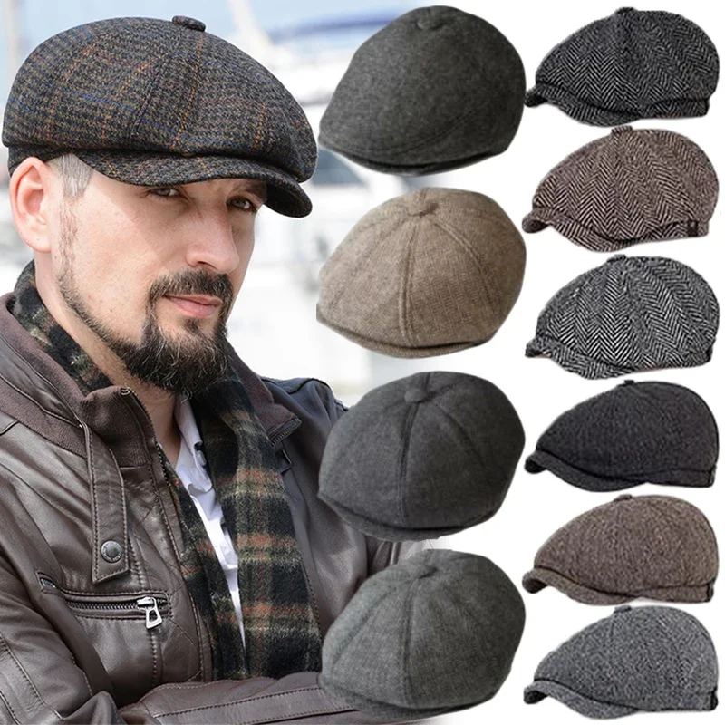 Winter  Caps Men Women Berets Hat Classic Plaid Stripe Beret Cotton Flat Cap British Painter Herringbone Hat  56-60cm