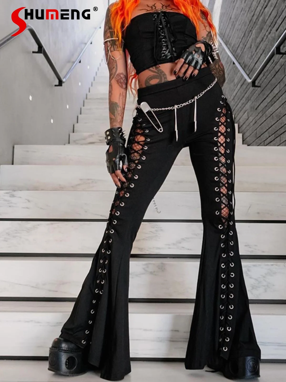 

Hot Girl Punk Rock Black Flared Pants Y2k 2024 Spring New Sexy Streetwear Women Lace-up Bell-Bottom Trousers Roupas Femininas