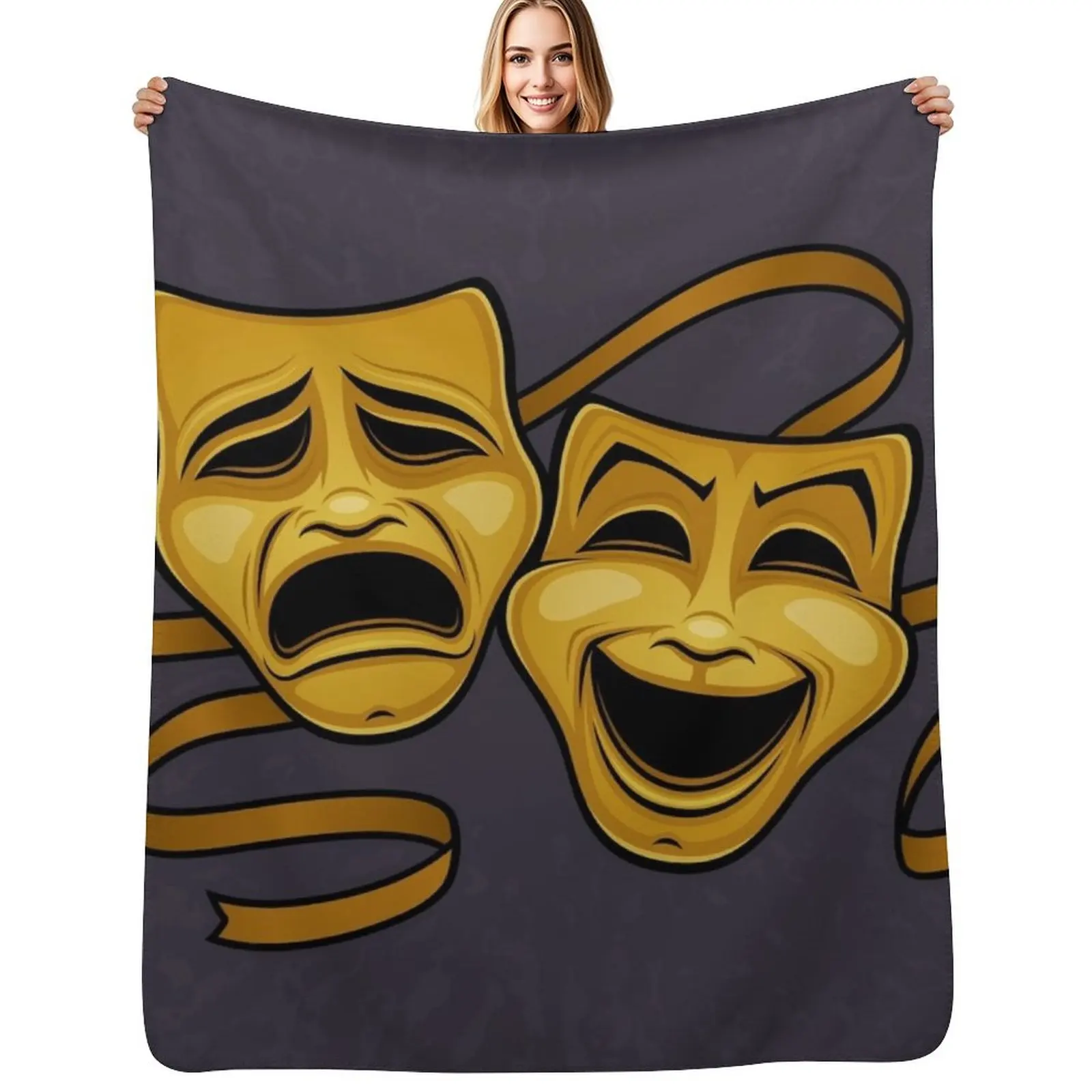 Gold Comedy And Tragedy Theater Masks Throw Blanket Easy Care Comfortable Blanket for Couch