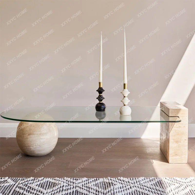 XXLight luxury living room tempered glass coffee table rectangular modern simple natural travertine  coffee table