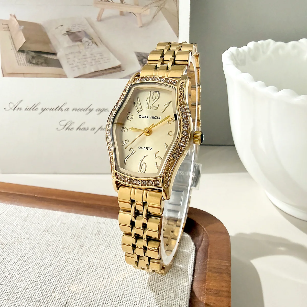 KAIRIS Women's Gold Tonneau Quartz Watch with Crystal Bezel, Elegant Stainless Steel Bracelet Wristwatch for Daily Wear