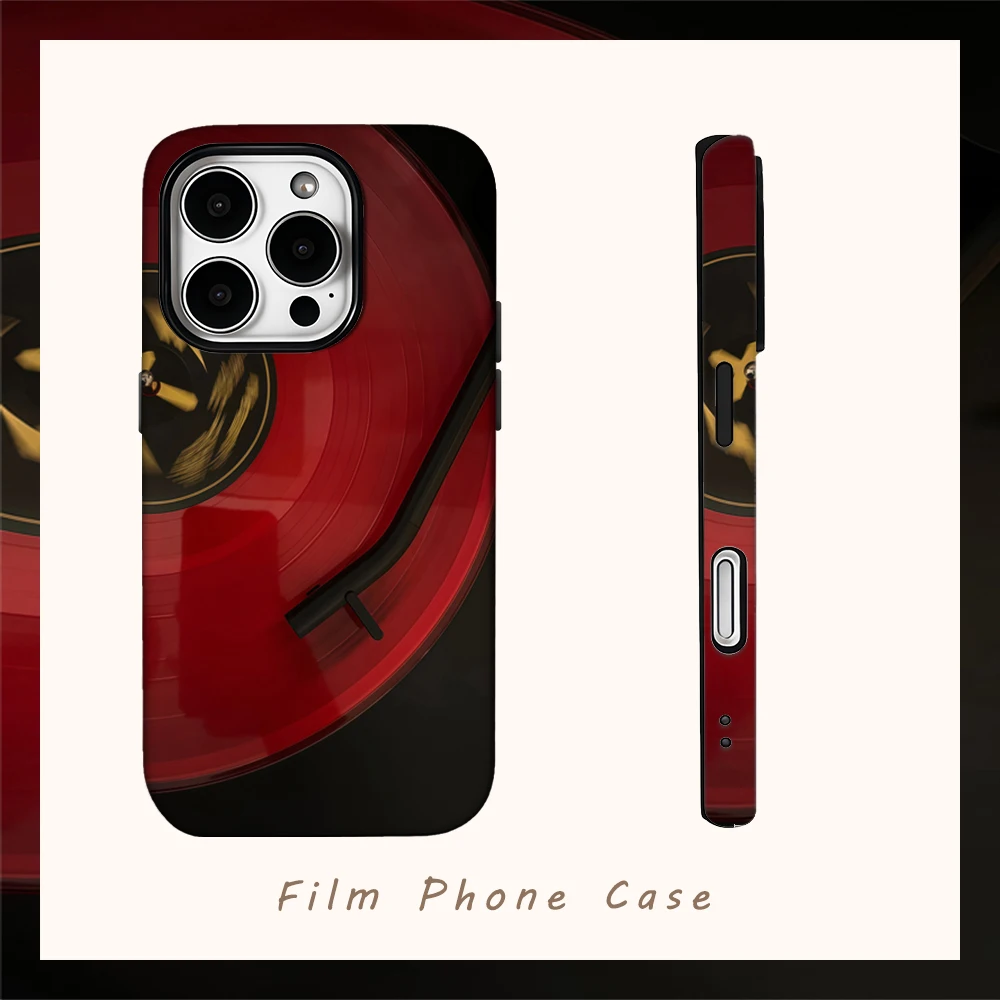 Rote Vinyl-Schallplatten-Handyhülle für iPhone 16 15 14 13 12 11 X XS XR XSMAX 7 8 Pro Max Plus, doppellagige Rückseite