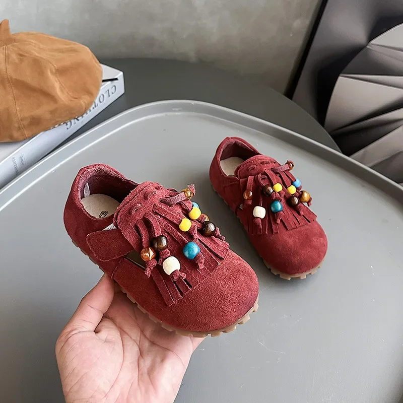 

Girls Princess Shoes with Sweet Tassels Kids Moccasins Round Toes Ethnic Style 2025 Autumn New Children Flat Shoes Soft Bottom