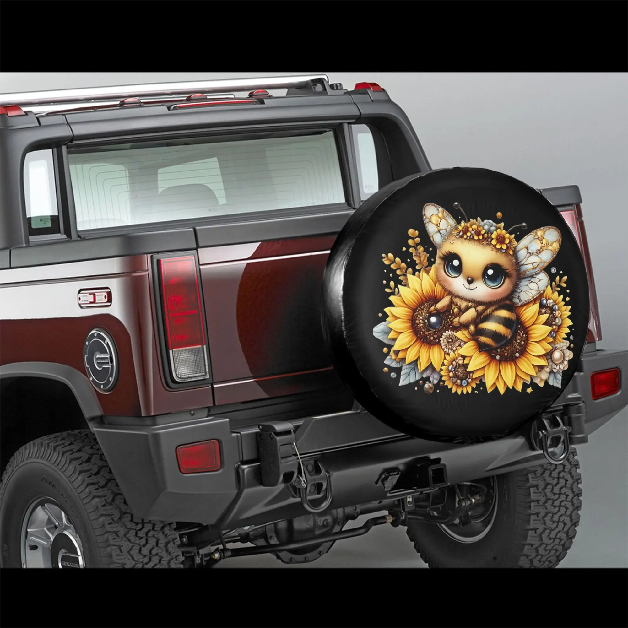 2D Flat Printing 1pc Fluffy Bee Surrounded By Sunflowers Printed Car Tire Cover, Universal Stylish Spare Wheel Protector, Perfec