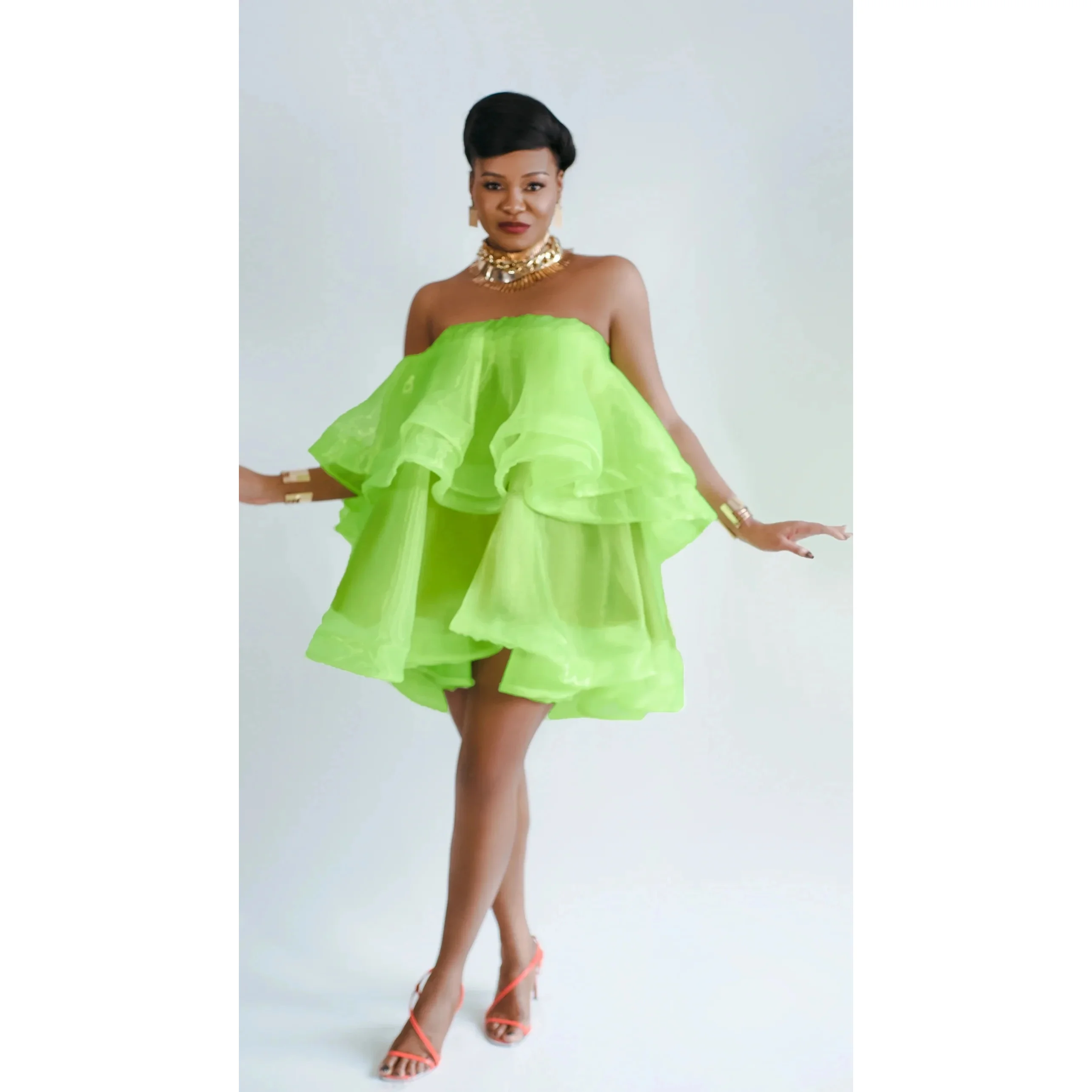 

Neon Green Lush Women Dresses Mini vestido de curto Short Cocktail Dress Off The Shoulder Prom Gowns Ruffle Above Knee Length