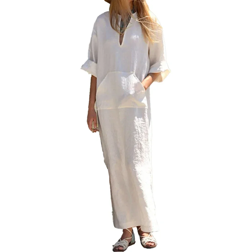 For Women Dress Baggy Loose Casual Cotton Linen Kaftan Dress Ladies Pocket Non Strech Solid Color High Quality