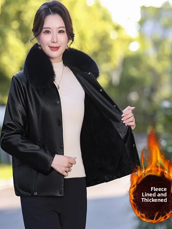 Manteau en cuir épais doublé polaire chaud pour femmes d'âge mûr – Tendance hiver, décontracté et confortable
