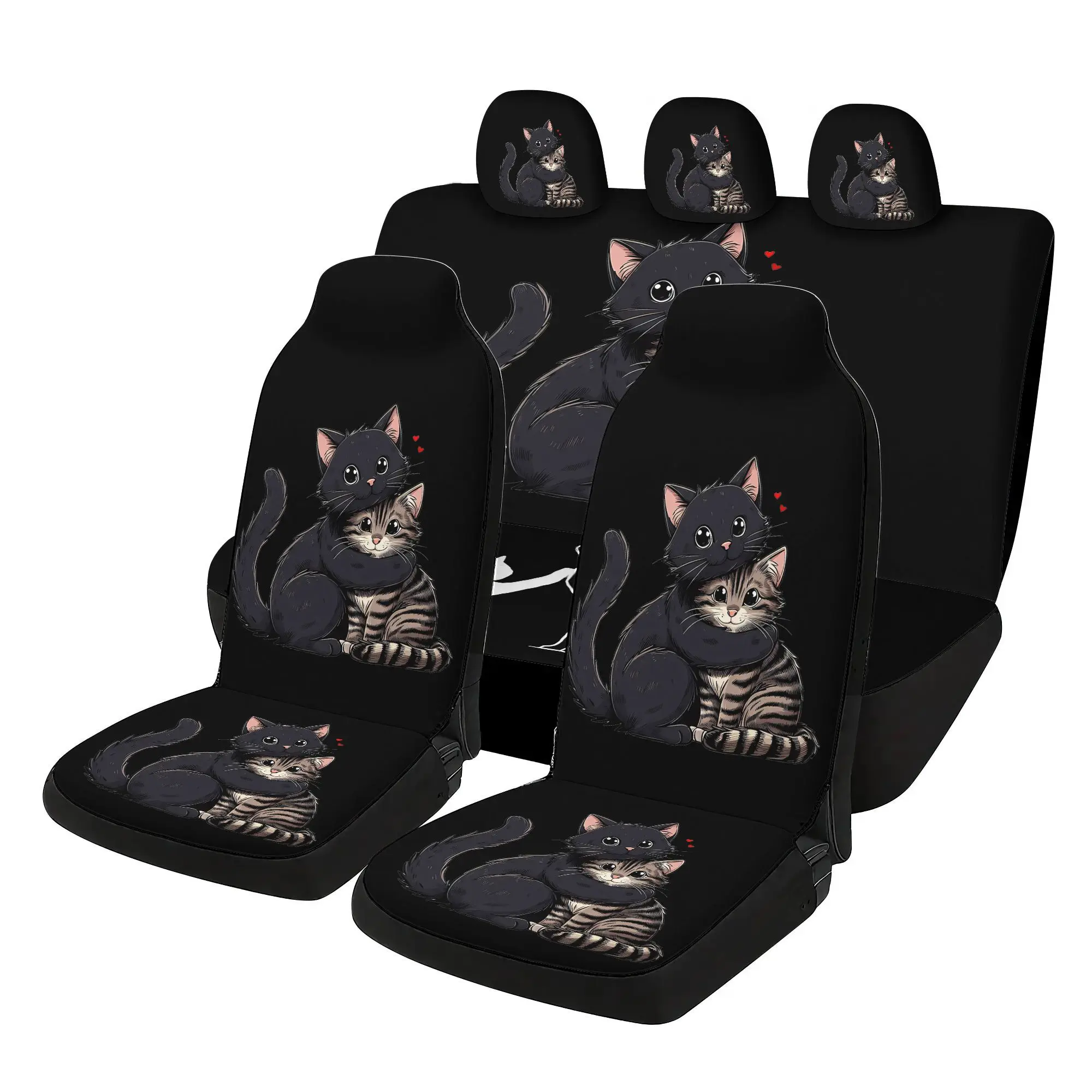 Set Of 7 Design Car Covers, Featuring 2 Front Covers, 1 Rear Back Cover, 1 Rear Cover, And 3 Headrest Covers, Compatible With Se