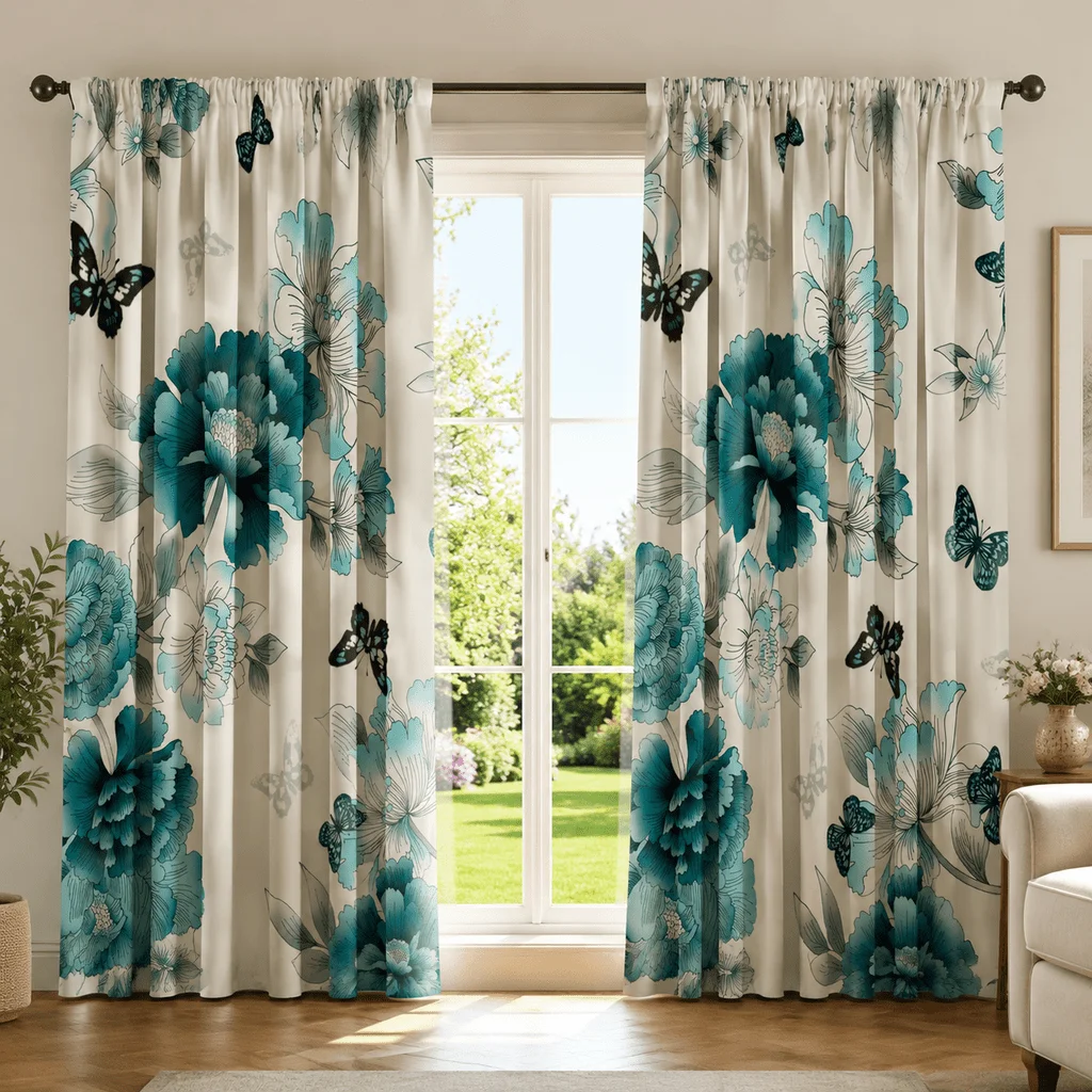 2pcs Vintage Floral Butterfly Window Curtains Turquoise Peony Botanical Drapes Aesthetic Home Decor for Bedroom Living Room