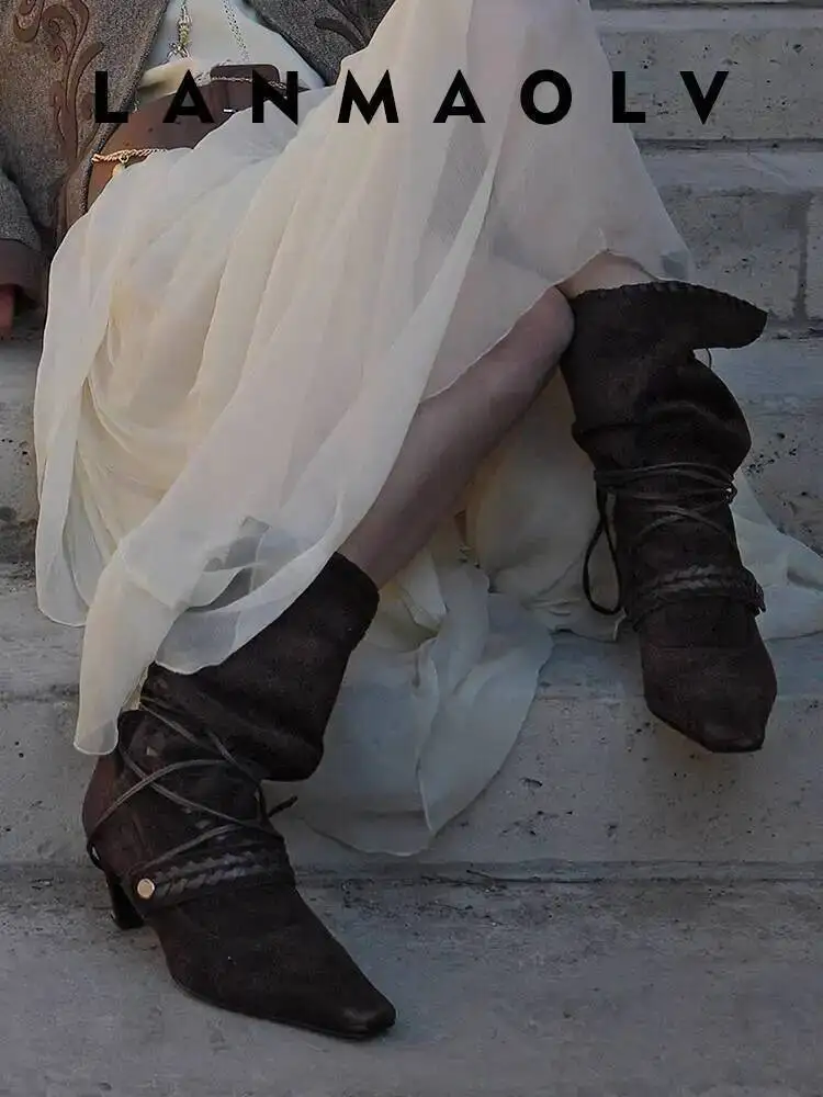 

Women High Heel Ankle Boots 2025 Autumn New Retro Pointed Toe Slouchy Boots Women's Sheepskin Versatile Block Heel Western Boots