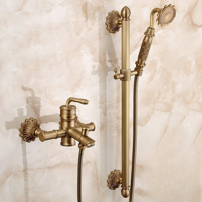 

Retro Bathroom Bathtub Faucet Wall Mounted Hand-operated Showerhead Antique Brass Simple Showerhead Set for Bathing