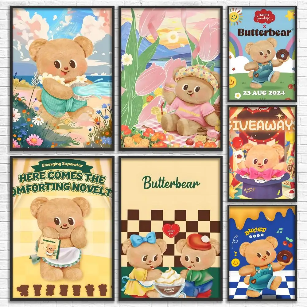 Cute Anime Role Cartoon Butter Bear Poster Canvas Mural For Interior Walls Crease-Free Beautiful For Living Room Bedroom