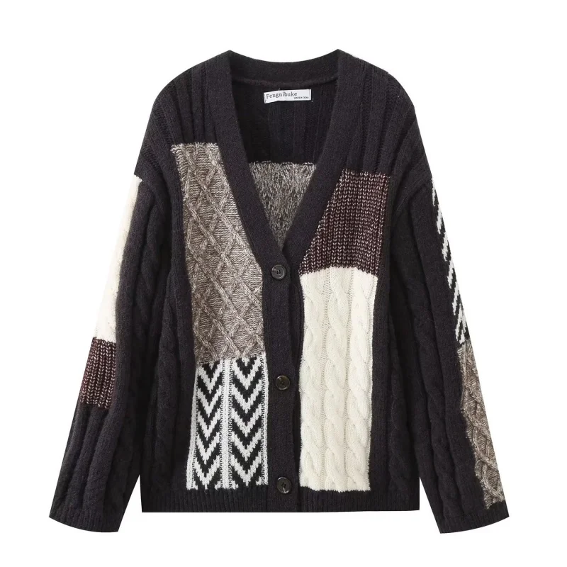 

2025Autumn New Color Block Knitted Cardigan Sweater for Women Thickened Lazy Style Coat