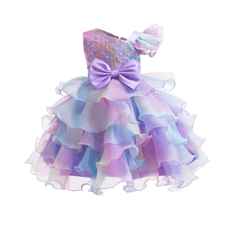 Fashion Colorful Girls Dress Gradient Irregular Birthday Dinner Performance Dress Skirt With Cake Butterfly Knot For Kids