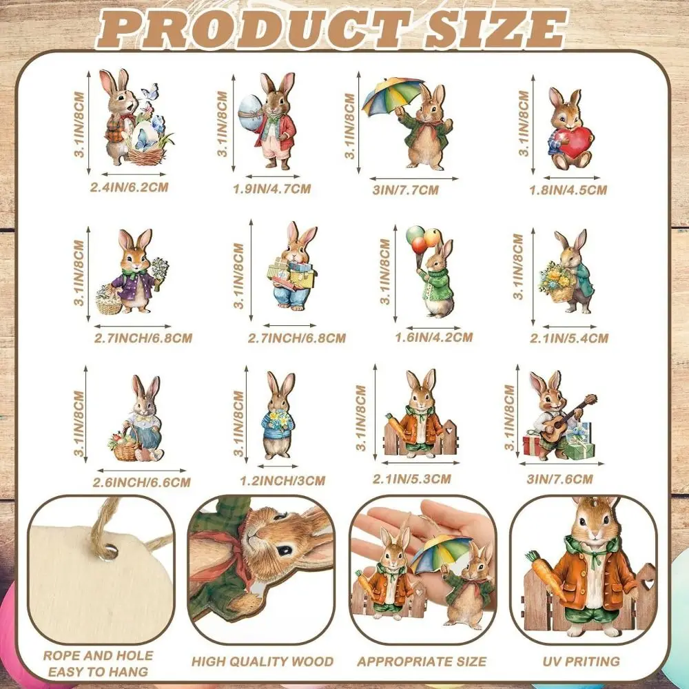 12/24/36Pcs 2D Rabbit Hanging Ornament Wooden Easy to Hang Easter Rabbit Pendant Ręcznie robiony królik Rekwizyty Wiszący wisiorek