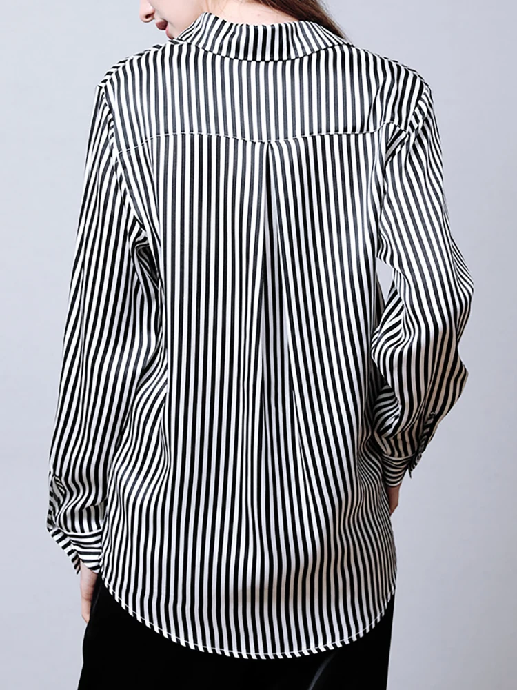 

Шелковые рубашки и блузки Stripe из 100% шелка, с длинным рукавом, женские топы, женская одежда, зеленые, черные, розовые, офисные, на пуговицах, из тутового шелка