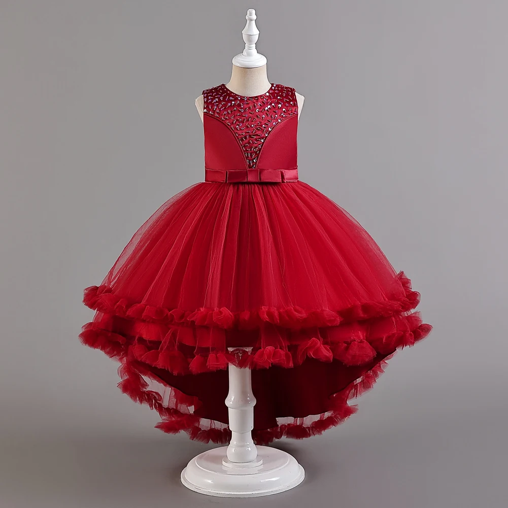 European style banquet evening dress for girls of 10 year old red sequin children birthday party dress tail girl wedding dress