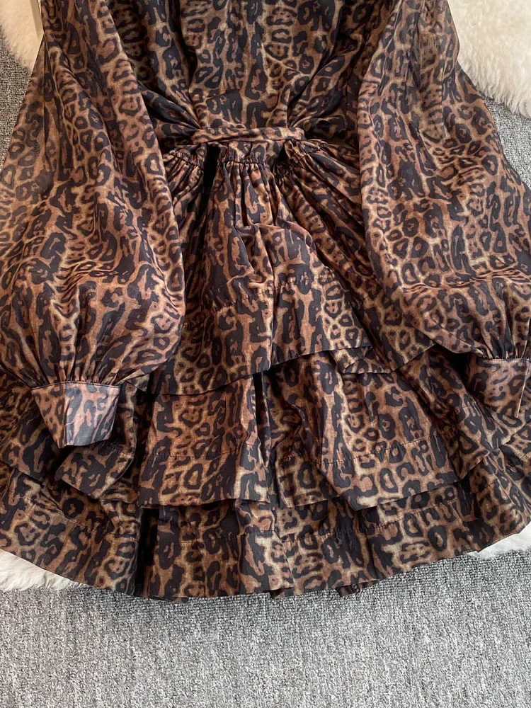 Vestido corto de gasa con estampado de leopardo para mujer, minivestido elegante de manga larga con volantes, DS010