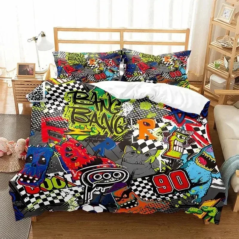 

Hippie Graffiti Duvet Cover Set King Queen Size for Boys Youth Polyester Comforter Cover Modern Street Art Bedspread Cover