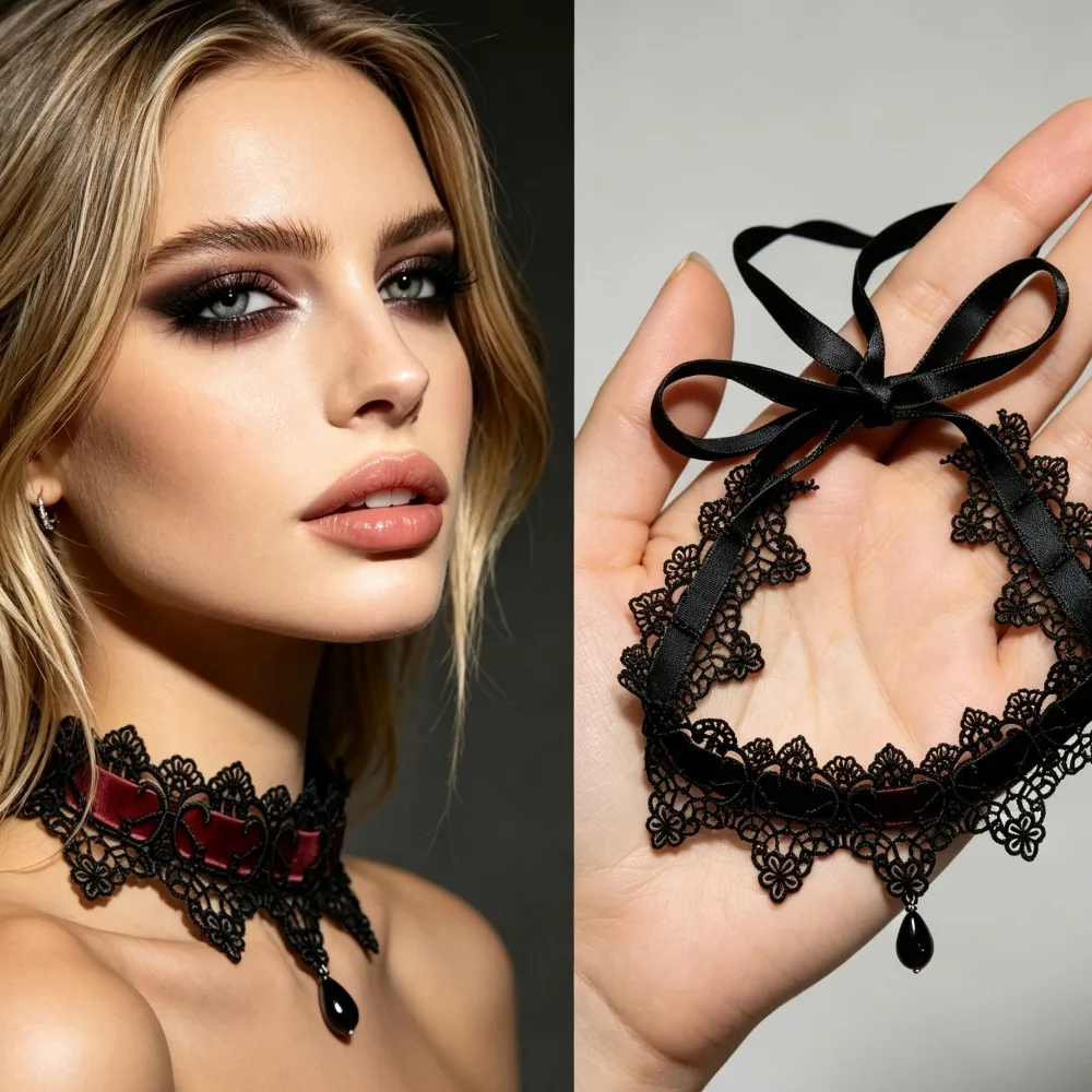 Female Gothic Lace Bow Collar Choker Vintage Black Short Necklace Elegant Retro Dark Jewelry Daily Party Birthday Holiday Gift