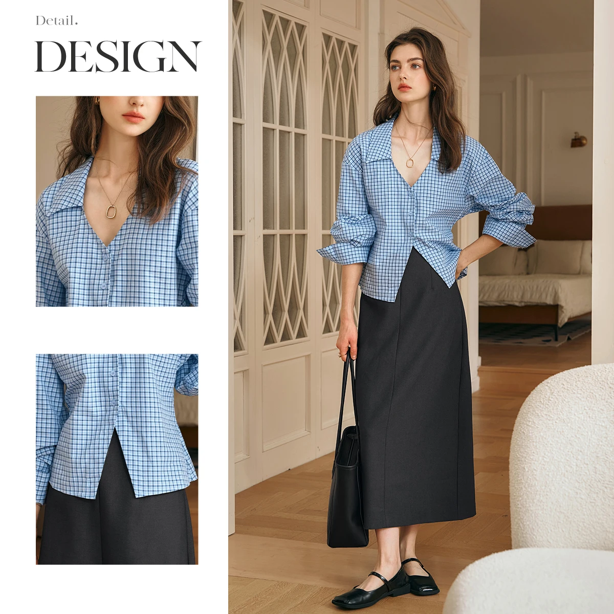 OLrain 100% Cotton Blue Plaid Womens Shirt 2025 Fashion Long Sleeve Turn Down Collar Button Slit Retro Slim Blouses M57CC95856