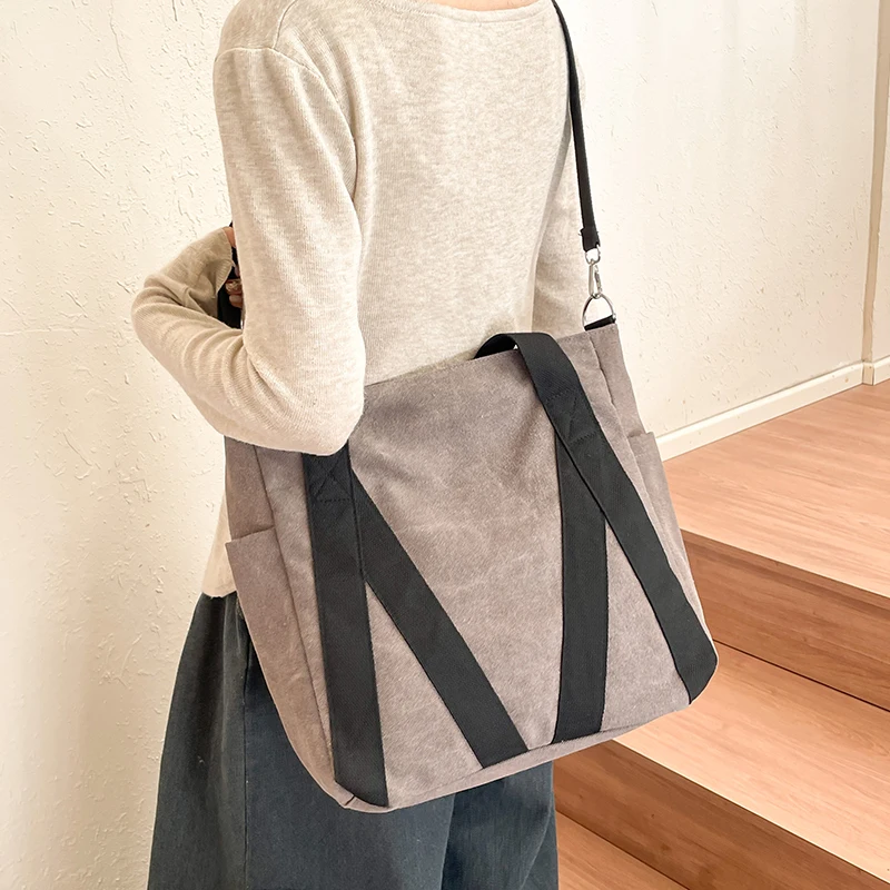 Newly High Capacity Canvas Shoulder Bag Women Multi Pocket Beach Tote Bag Female Commuter Laptop Handbag Student Gray Schoolbag