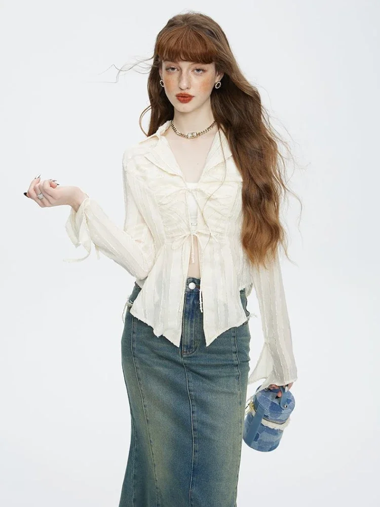 Camisas femininas retro y2k streetwear bandagem novo clássico elegante colheitas simples all-match estética férias sólida mujer blusas primavera